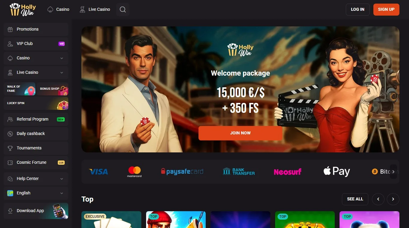 neosurf casino: la homepage del casinò Hollywin