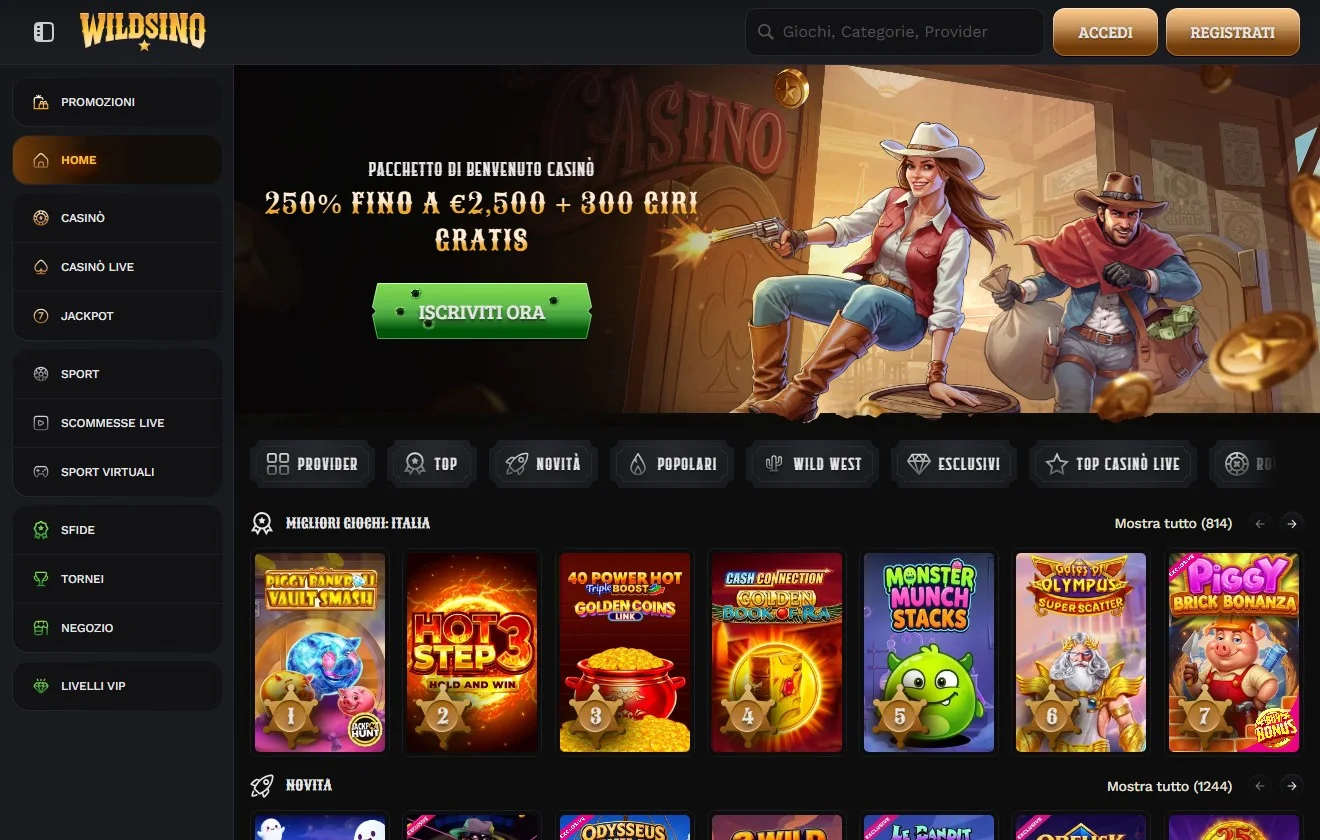 la homepage di Wildsino nella guida ai casino neosurf
